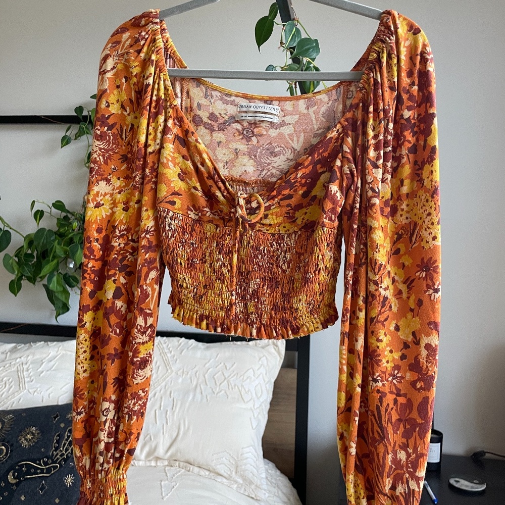Urban Outfitters Orange Floral Ruched Long Sleeve Blouse